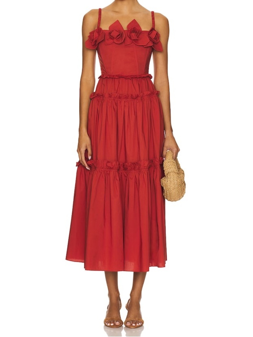 Aknvas Rach Dress Clay Red Rosette Tiered Midi Dress 4 NWT Romantic Cottagecore